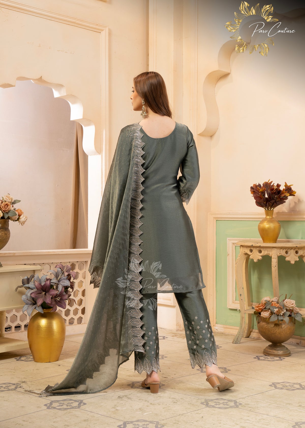 Aaira Mauve & Olive Embroidered Suit