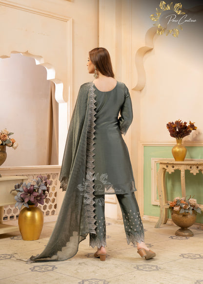 Aaira Mauve & Olive Embroidered Suit