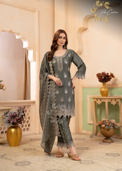 Aaira Mauve & Olive Embroidered Suit