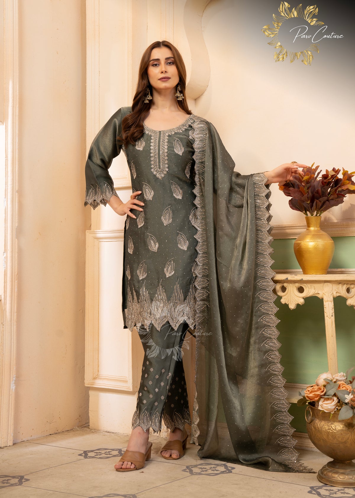 Aaira Mauve & Olive Embroidered Suit