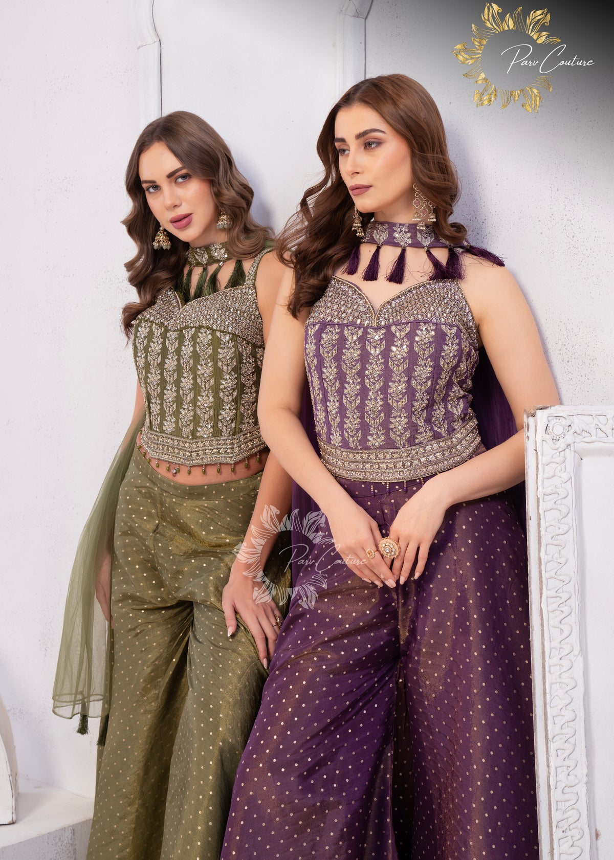 Gulnaar Purple & Olive Embroidered Festive Palazzo Set