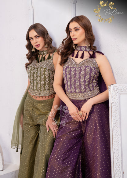 Gulnaar Purple & Olive Embroidered Festive Palazzo Set