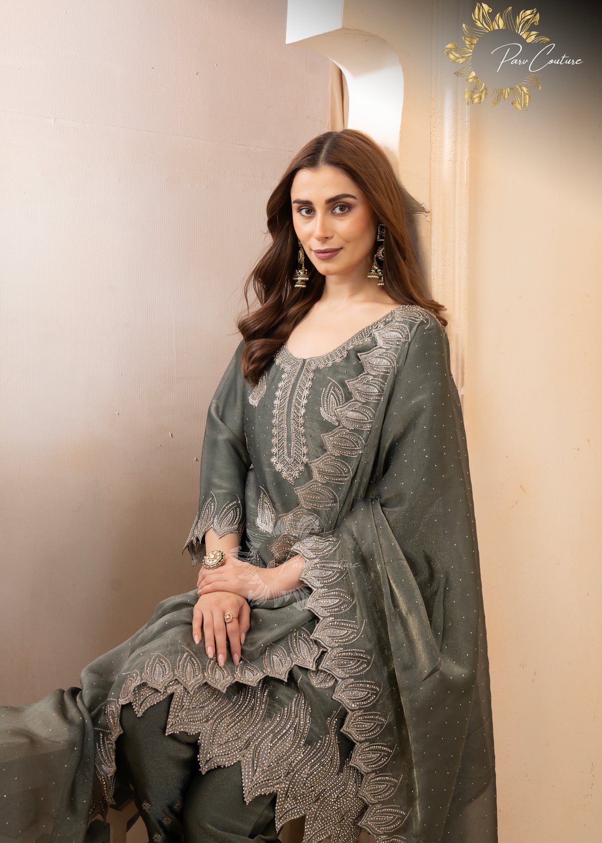 Aaira Mauve & Olive Embroidered Suit