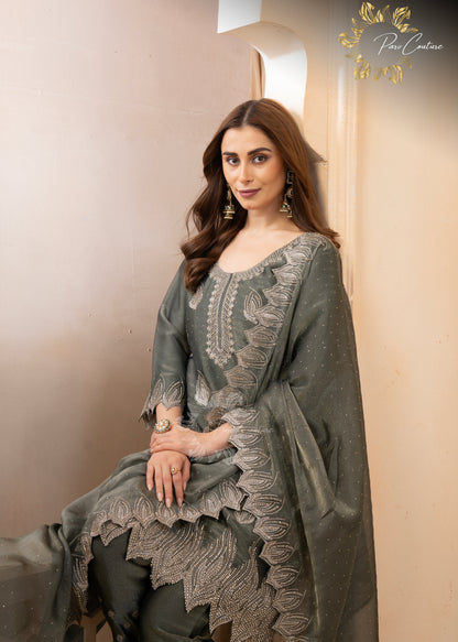 Aaira Mauve & Olive Embroidered Suit