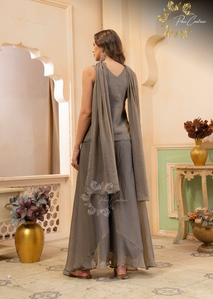 Sage Grey Embroidered Palazzo Suit Set