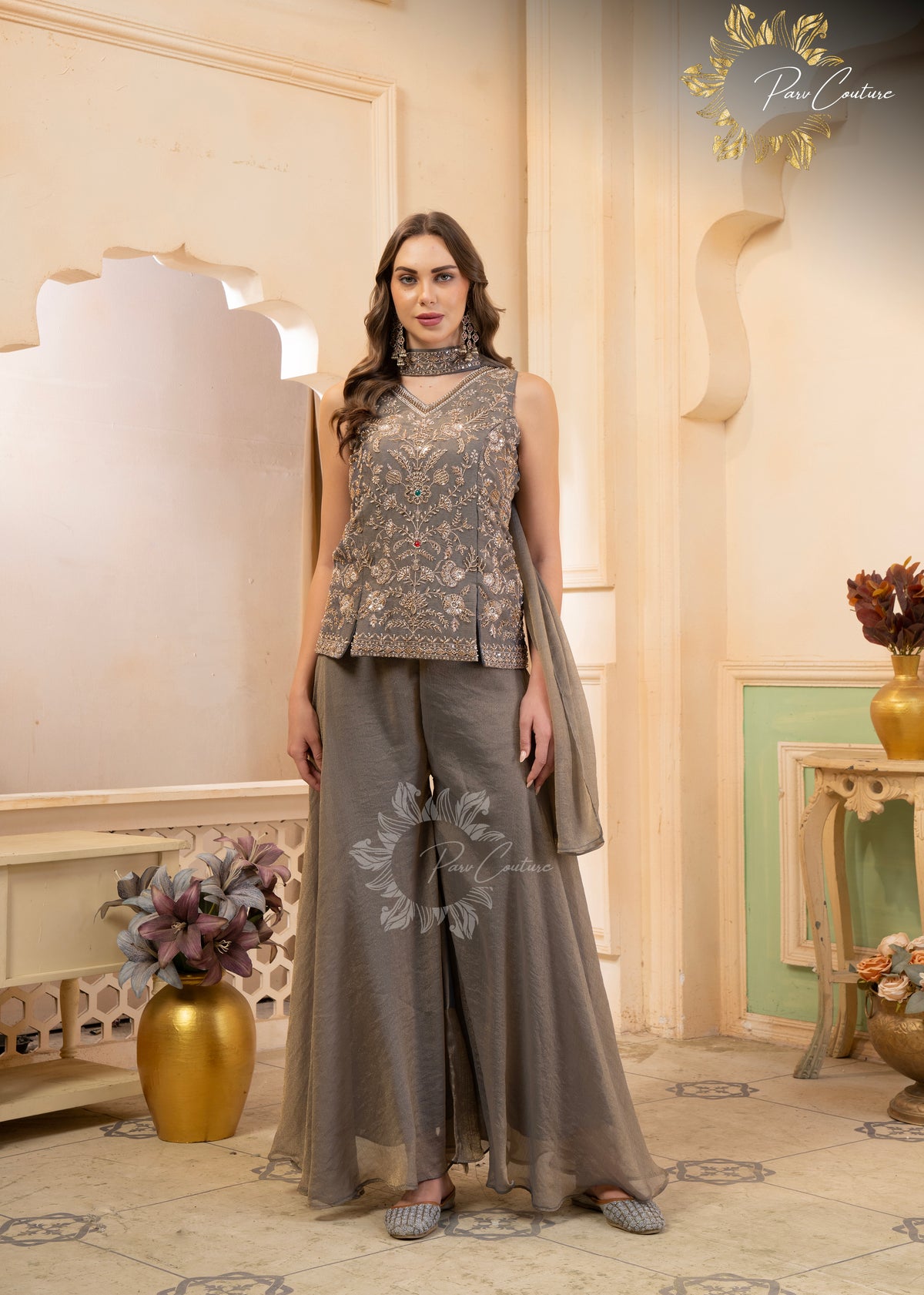 Sage Grey Embroidered Palazzo Suit Set