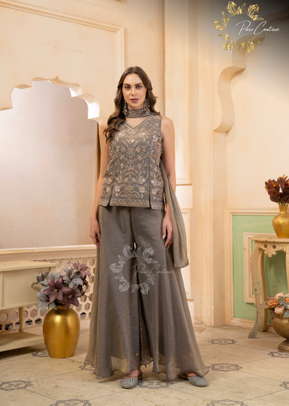 Sage Grey Embroidered Palazzo Suit Set