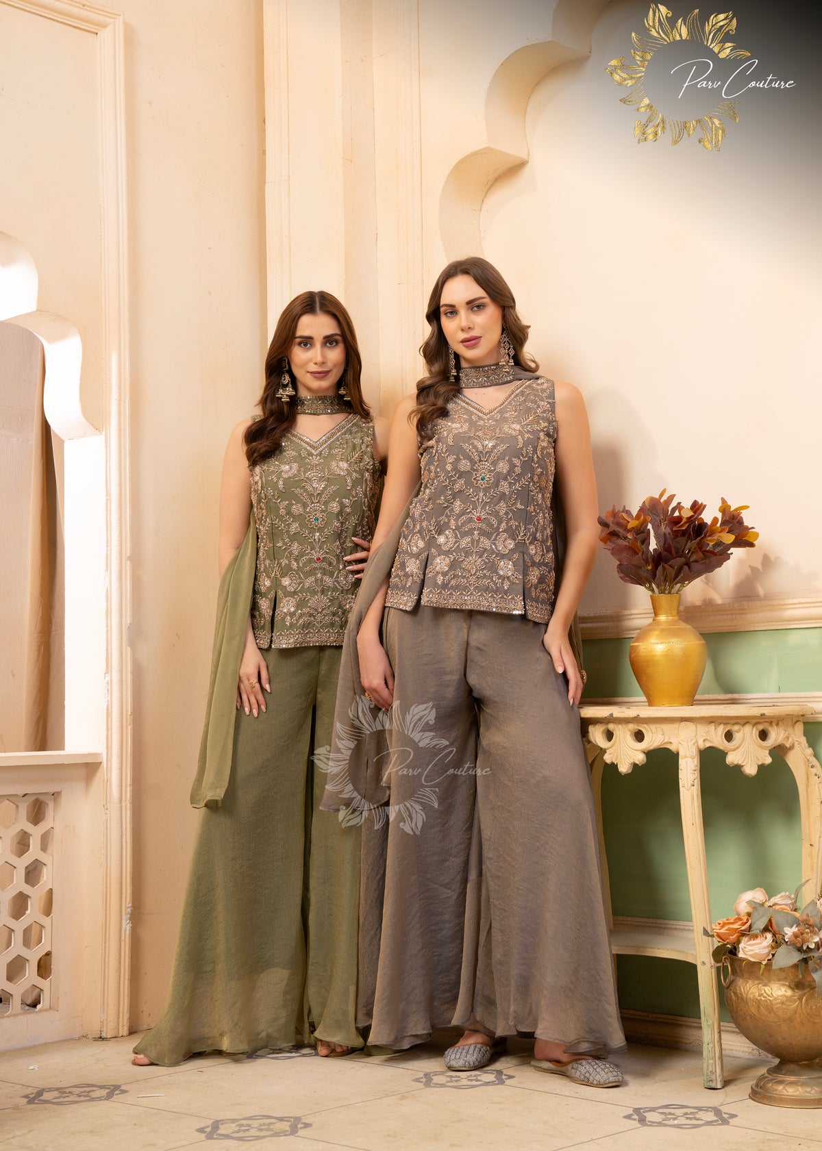 Sage Grey Embroidered Palazzo Suit Set