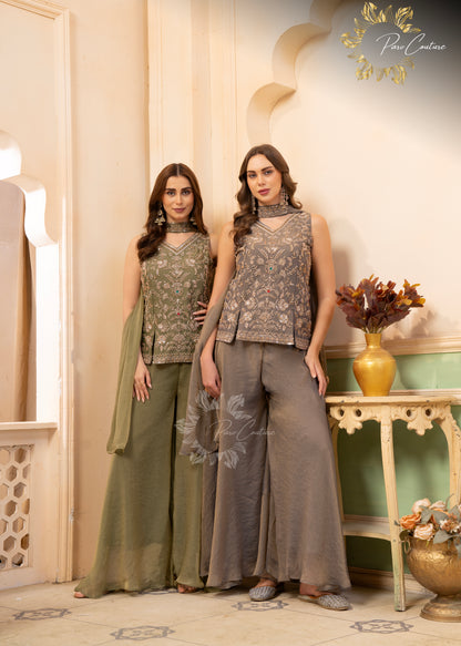Sage Grey Embroidered Palazzo Suit Set