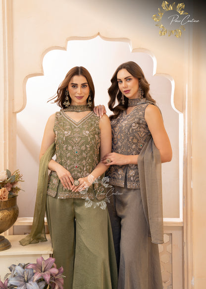 Sage Grey Embroidered Palazzo Suit Set