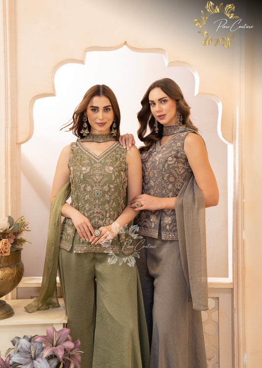 Sage Grey Embroidered Palazzo Suit Set