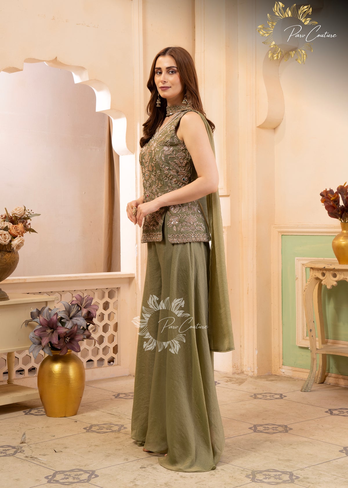 Sage Grey Embroidered Palazzo Suit Set