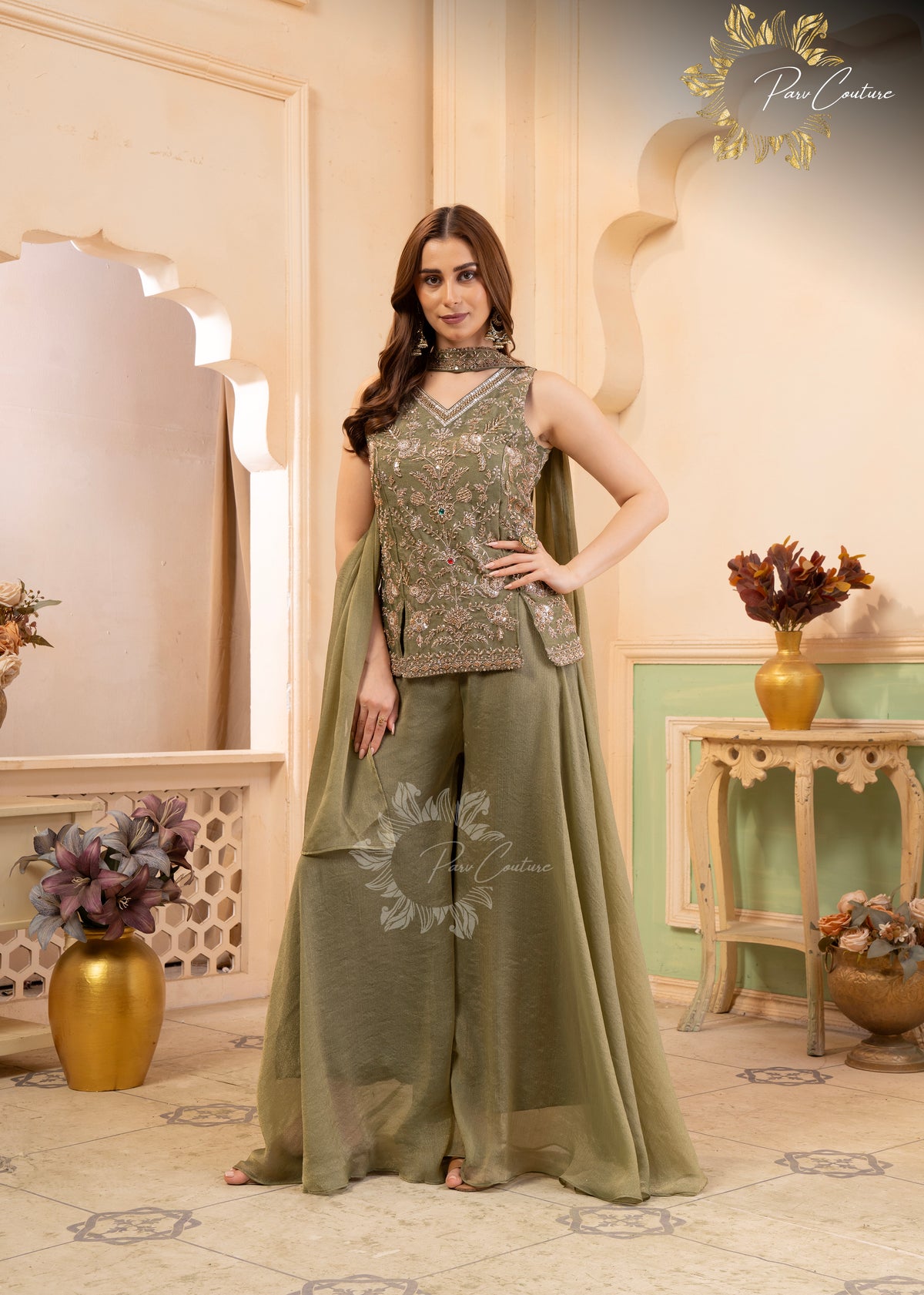 Sage Grey Embroidered Palazzo Suit Set