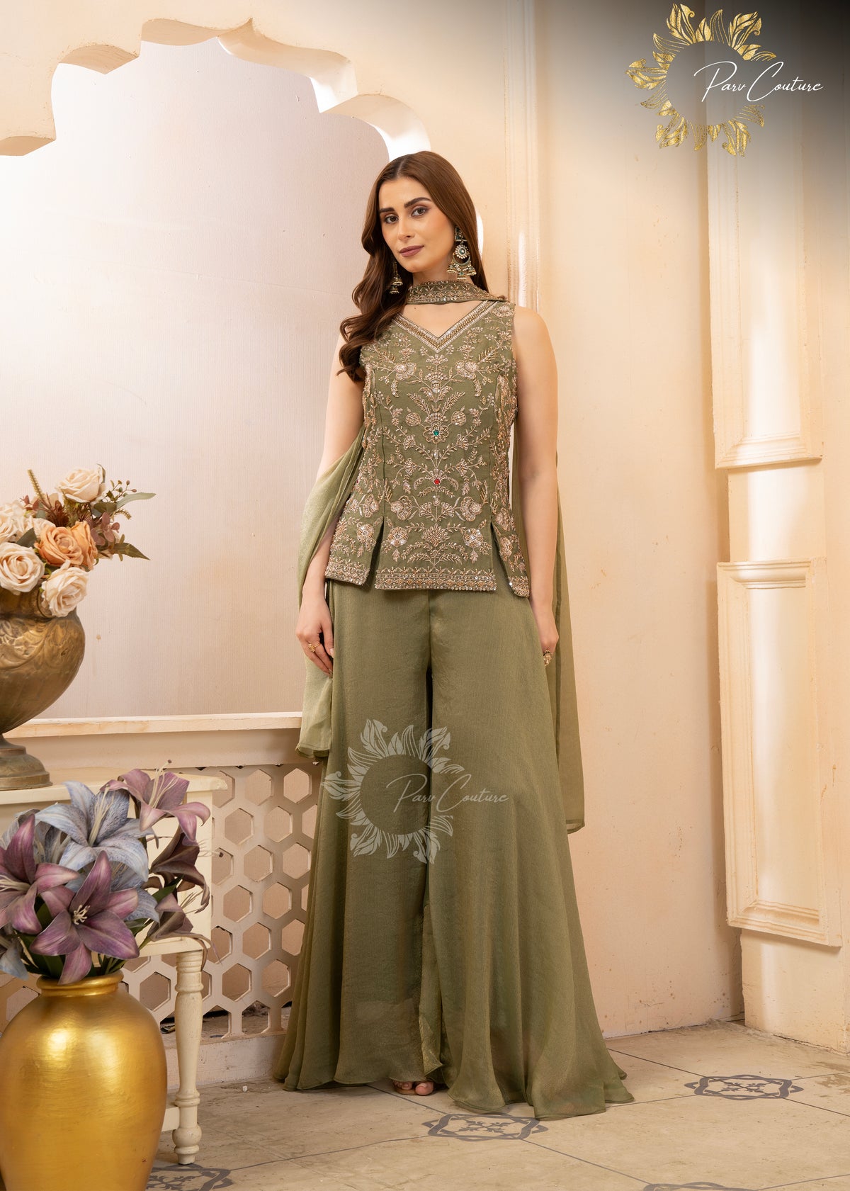 Sage Grey Embroidered Palazzo Suit Set