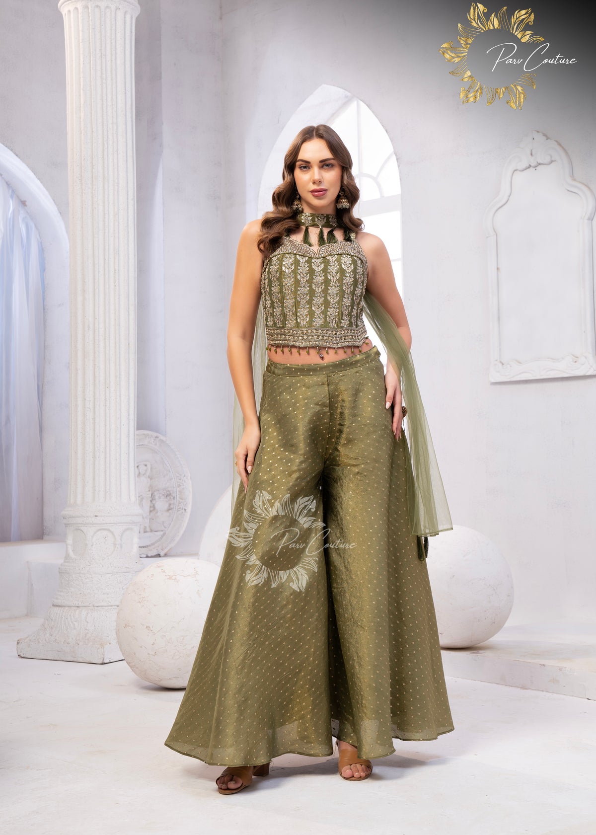 Gulnaar Purple & Olive Embroidered Festive Palazzo Set