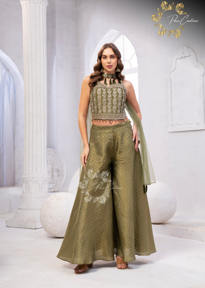 Gulnaar Purple & Olive Embroidered Festive Palazzo Set