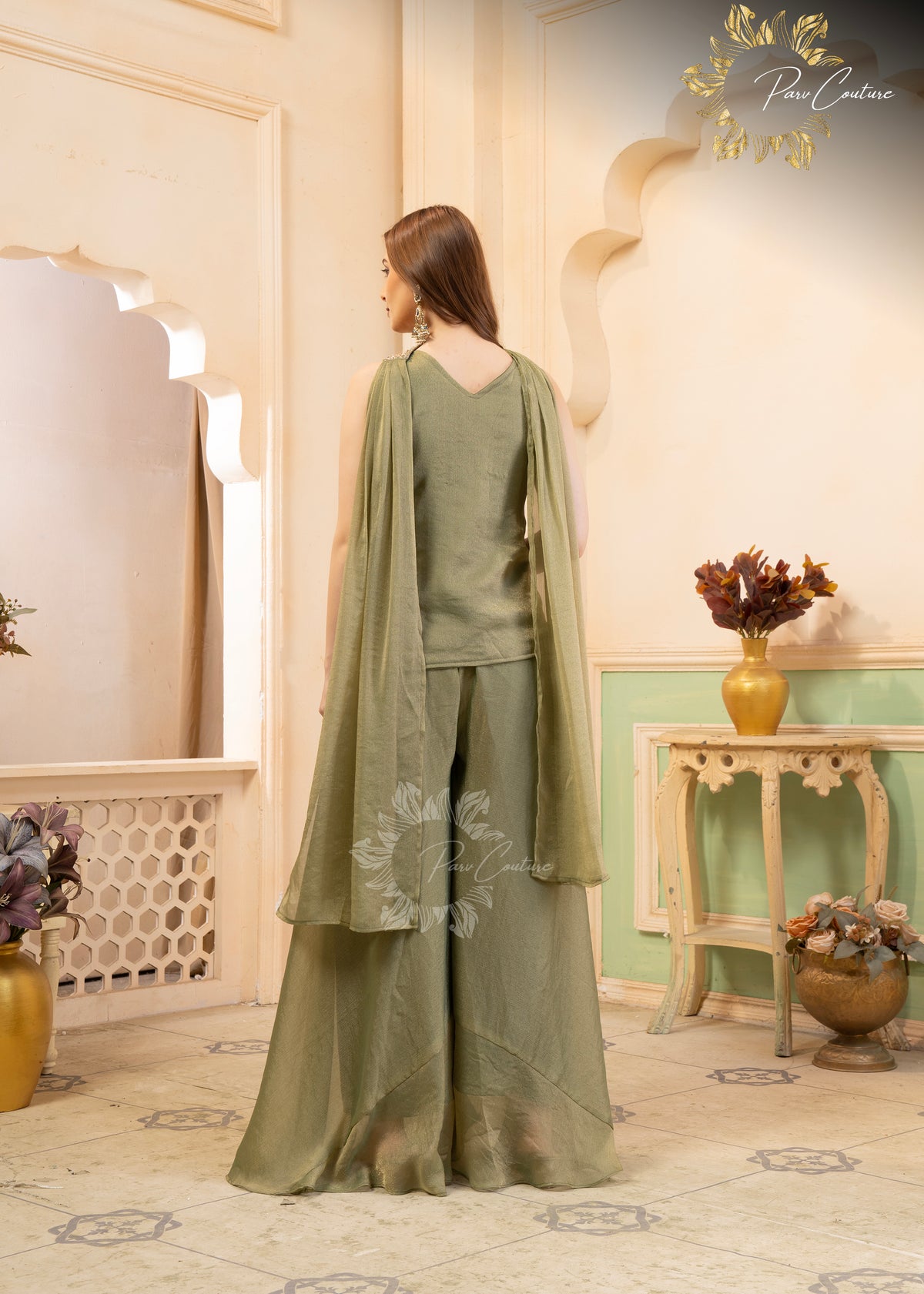 Sage Grey Embroidered Palazzo Suit Set