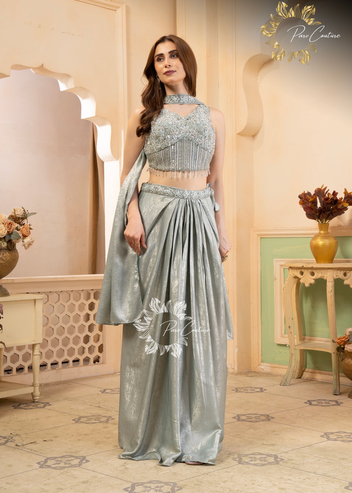 Meher Pastel Floral Pleated Skirt Set
