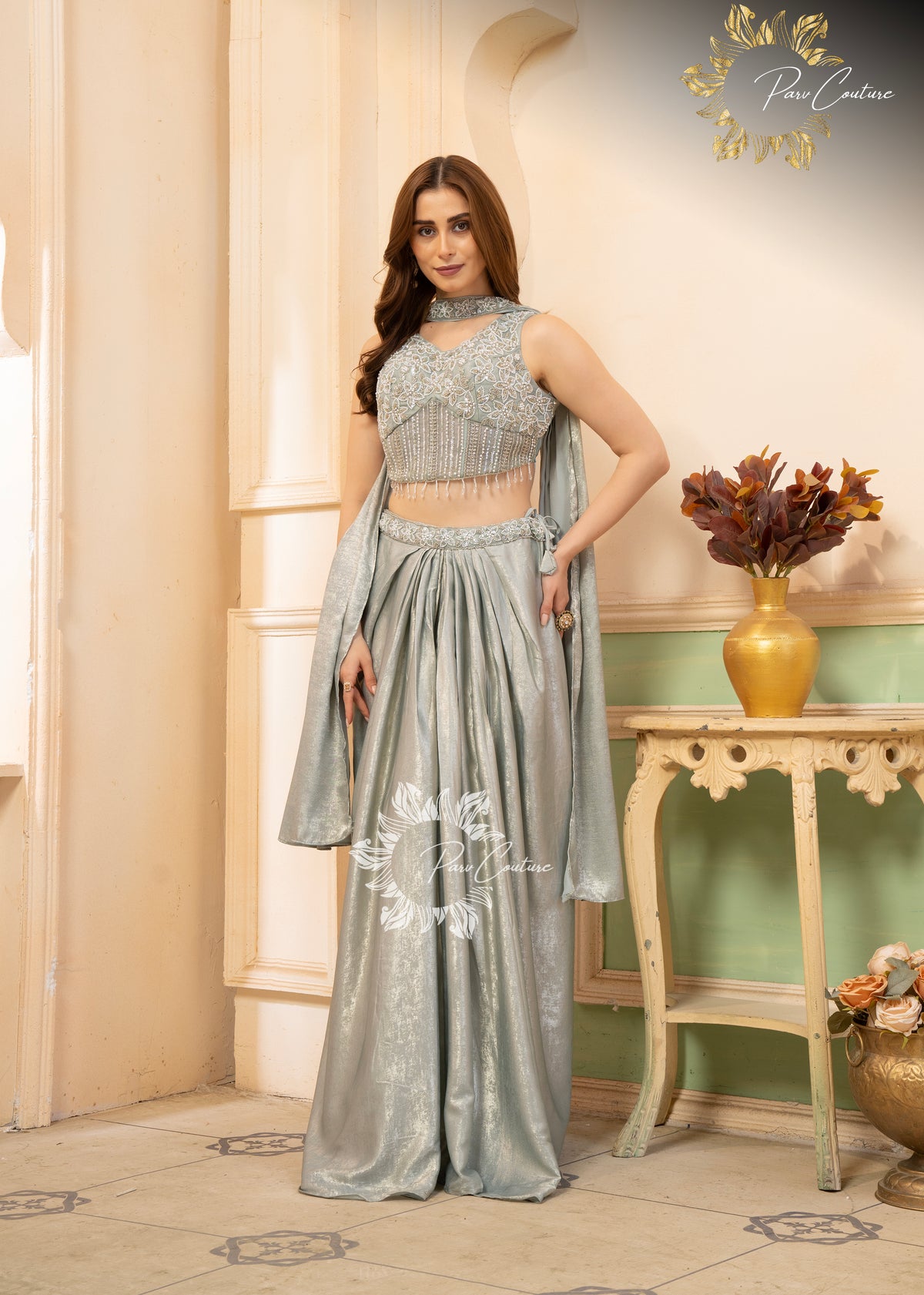 Meher Pastel Floral Pleated Skirt Set