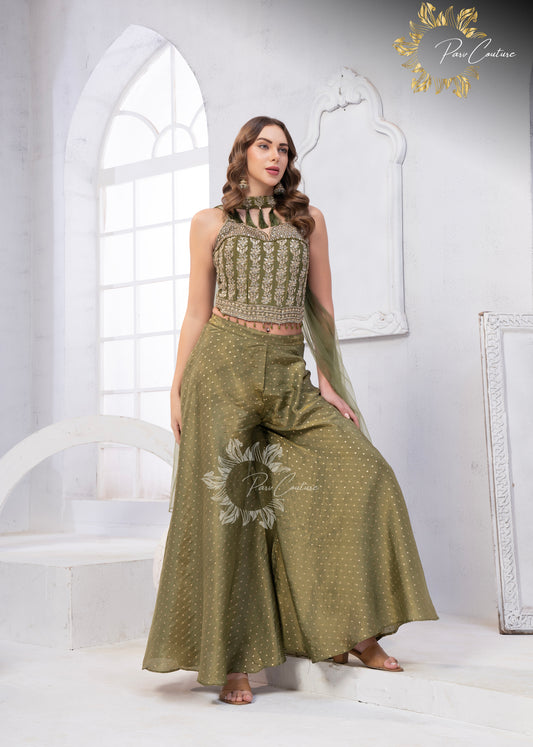Gulnaar Purple & Olive Embroidered Festive Palazzo Set
