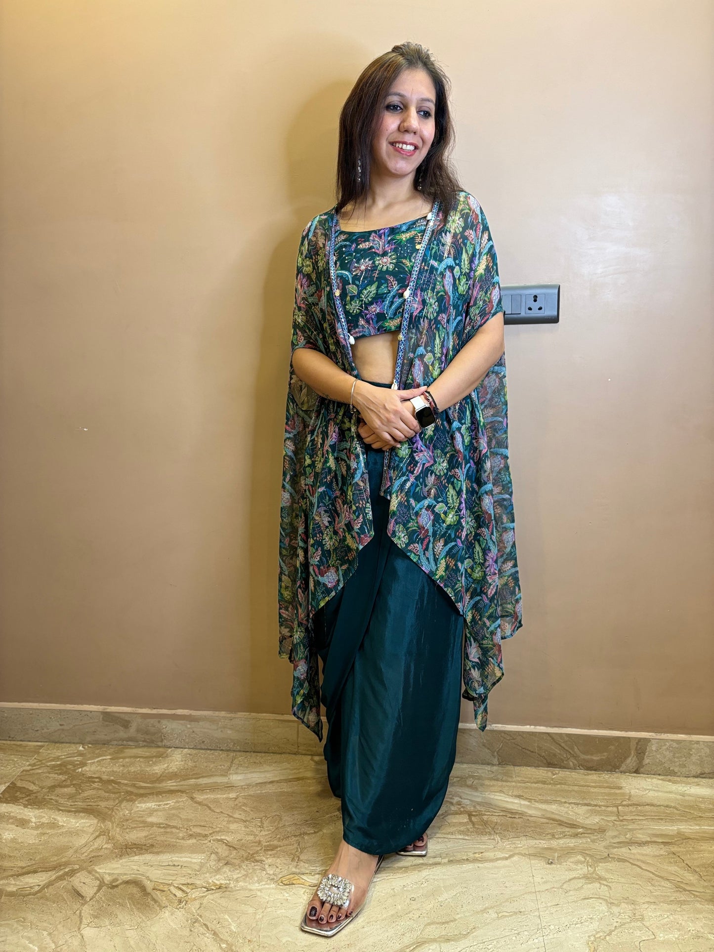 Cowl Drape Skirt with Printed Cape Set