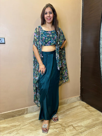 Cowl Drape Skirt with Printed Cape Set