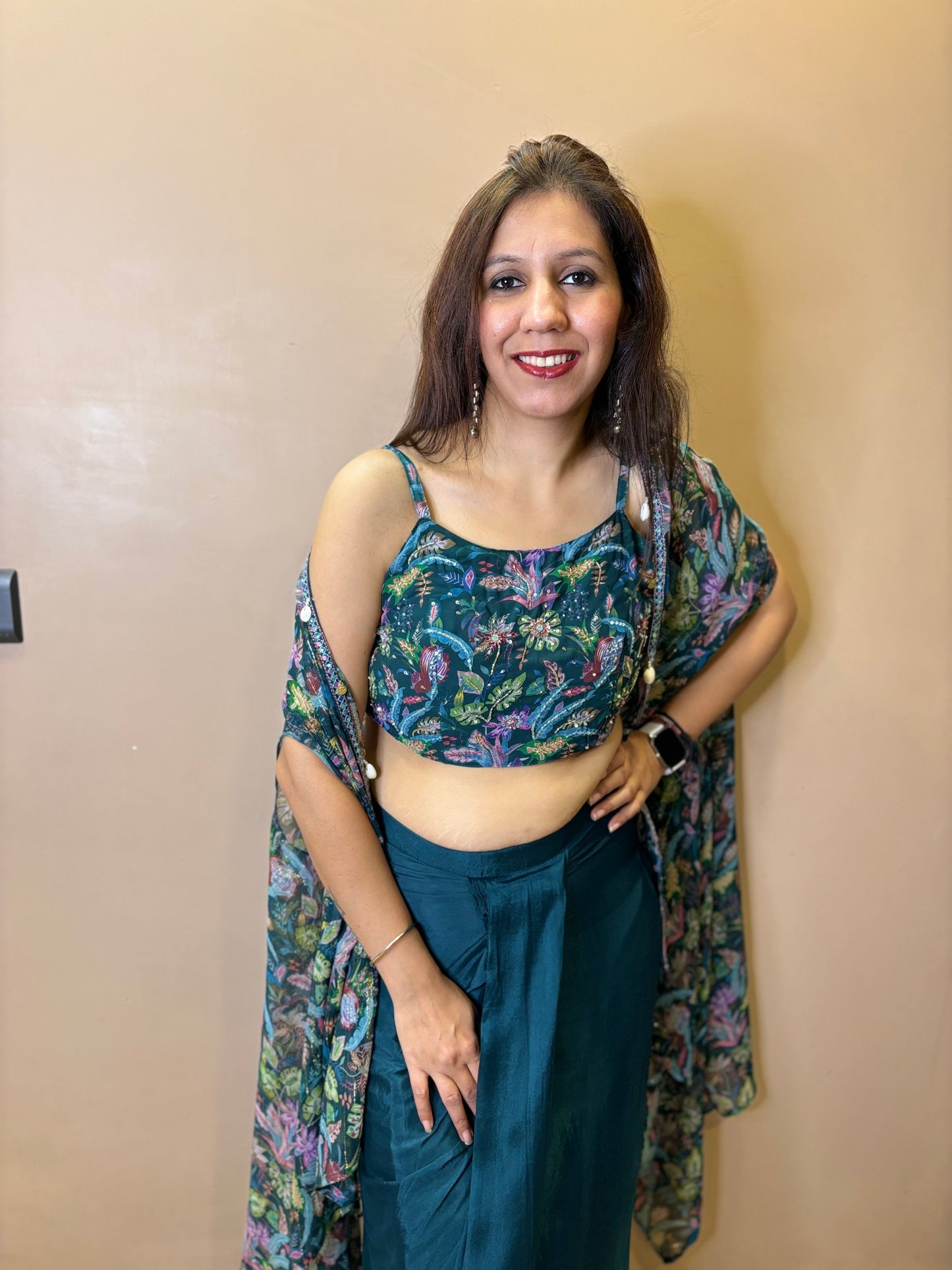 Cowl Drape Skirt with Printed Cape Set