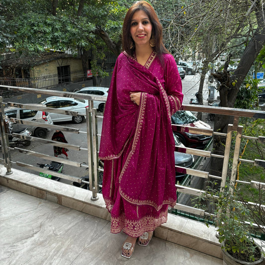 Wine Lace Work Anarkali Suit Set