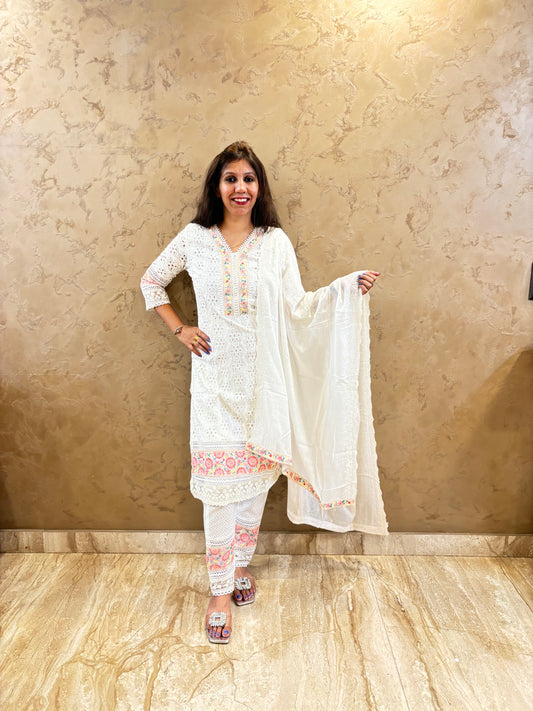 White Hakuba Chikan Kurta Set